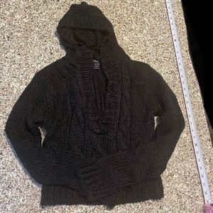 52 Weekends Brown Cable knit Hooded Sweater Hoodie slight cropped Sz. Large